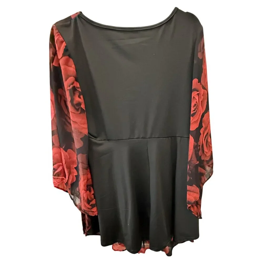 Rose Print Womens Top Red Black Tie Bodice Dramatic Sleeve Fairy Goth Grunge 1X - Picture 4 of 6